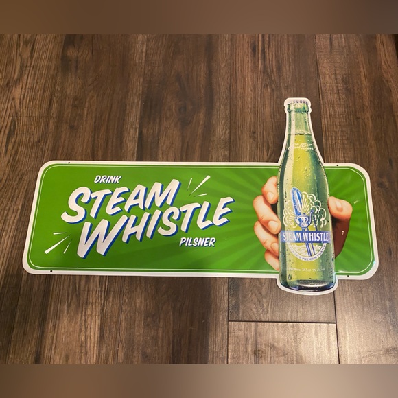 Vintage 3D Embossed Steam Whistle Pilsner Tin Advertising Sign - Picture 1 of 5